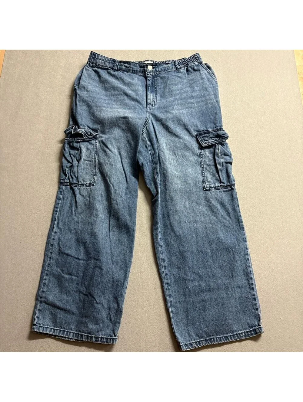 Ava & Viv Cargo Jeans Womens 16 Blue Denim Wide Leg Elastic Waist Utility Pants